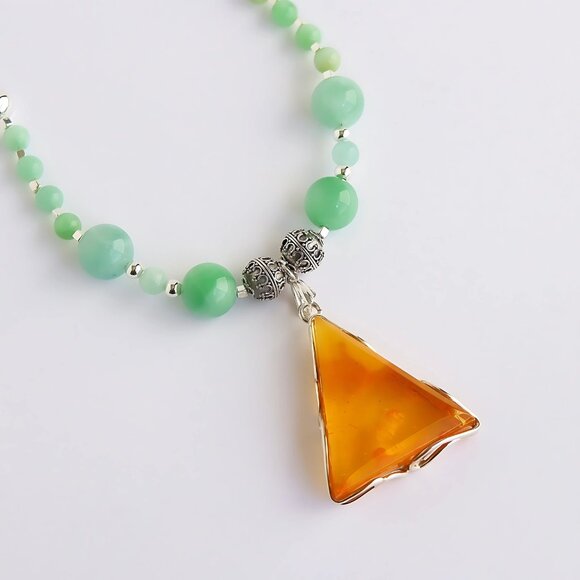 Baltic Amber and Burma Jade Statement Necklace with 925 Sterling Silver - Picture 2 of 7